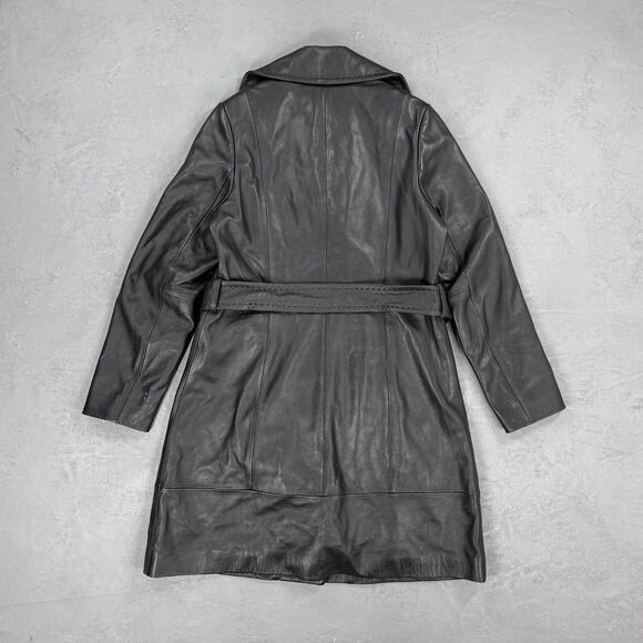 Vintage Jones New York Black Leather Snap Front Belted Long Coat Women's Small - Picture 4 of 4